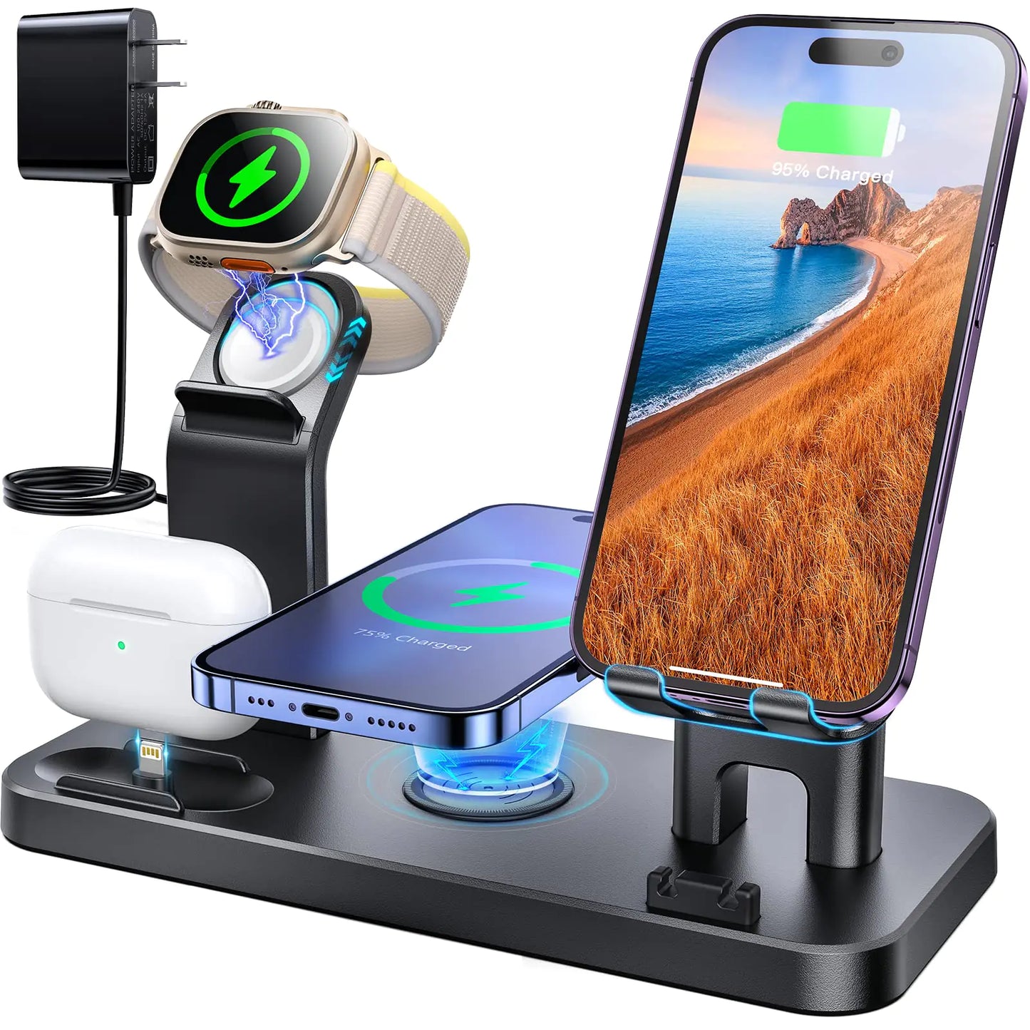 KINYELL Charging Station for Multiple Devices Apple,48W 5 in 1 Fast Wireless Charging Station for iPhone AirPods Apple Watch Charger Stand Dock Black