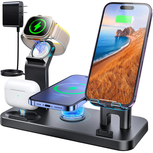 KINYELL Charging Station for Multiple Devices Apple，48W 5 in 1 Fast Wireless Charging Station for iPhone AirPods Apple Watch Charger Stand Dock Black